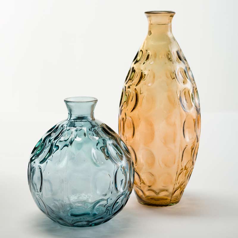 Dune Recycled Dimpled Glass Vases, S/2  (smoky blue/amber)